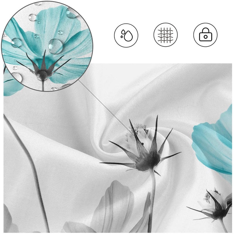 Kikiry Teal and Gray Floral Shower Curtain 60''W x 72''L Grey White Daisy Flower Elegant Wildflower Design Farmhouse Polyester Fabric12 Pack Plastic Hooks - Image 2